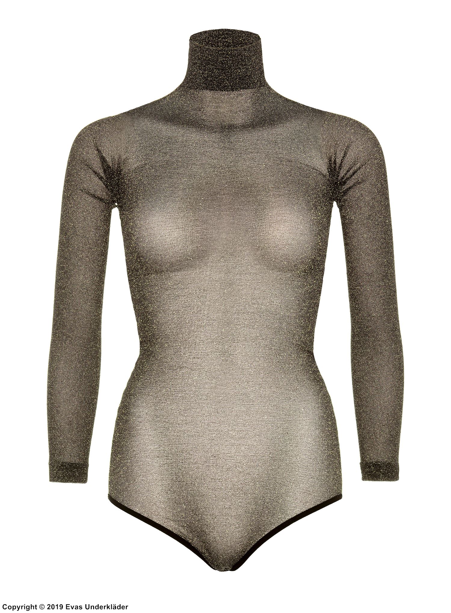 Långärmad body i skir mesh med skimrande lurex och polo-krage